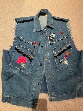 Embellished Denim Vest with Floral & Panda Patches